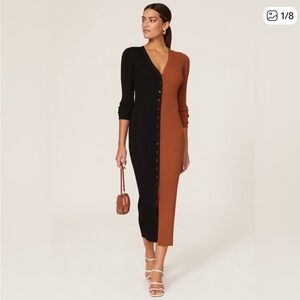STAUD Colorblock Rib-Knit Button-Front Midi Dress